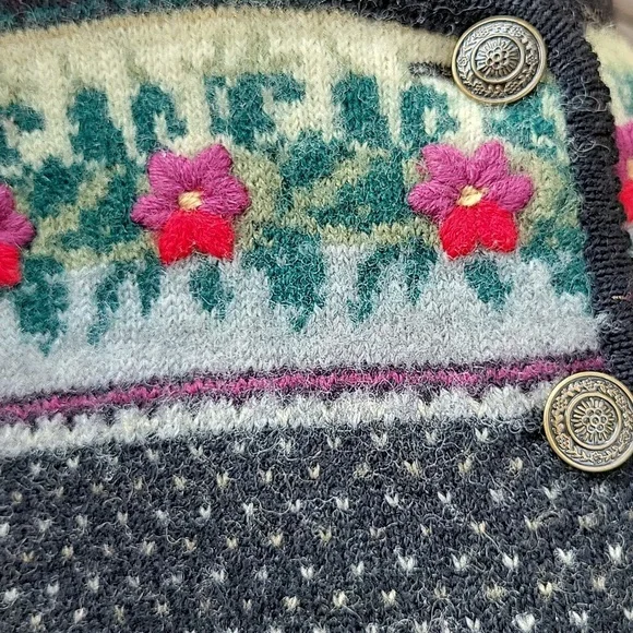 Vintage 90s y2k Tally Ho Fair Isle Icelandic Apres Floral Wool Cardigan Sweater - Picture 4 of 8